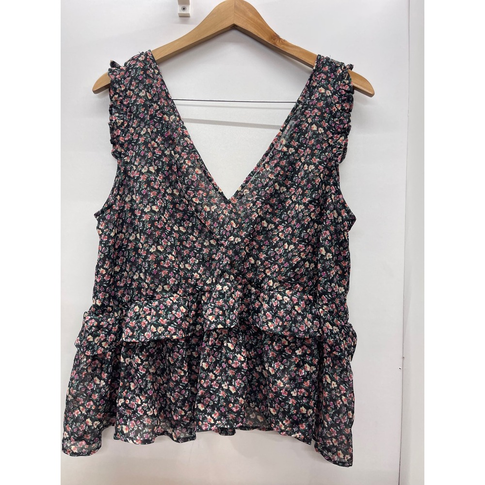 American Eagle Outfitters Floral Peplum Top XL Black V-Neck Ruffle Sleeveless